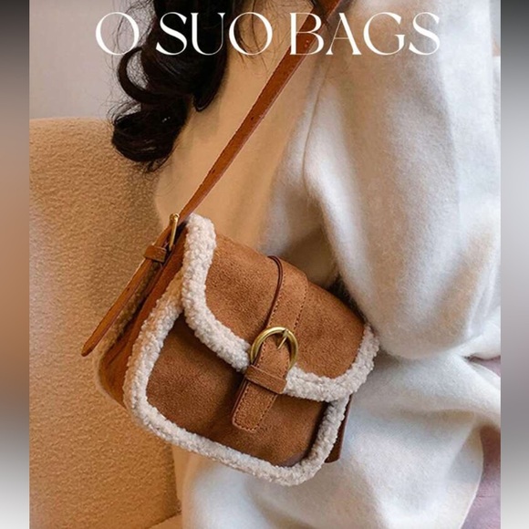 Handbags - Sherpa suede bag camel brown Crossbody Bag with Shearling Trim